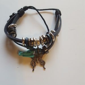 Leather adjustable bracelet with stone angel